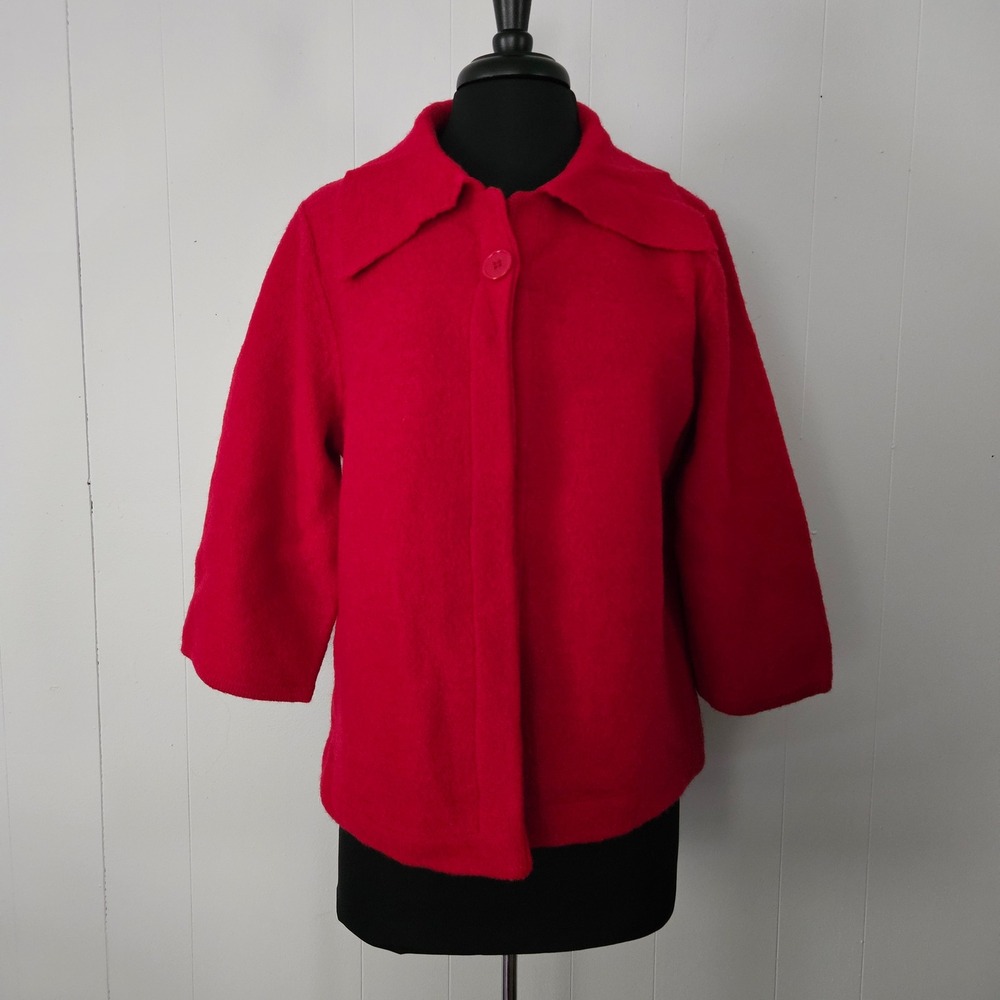 Wool Jacket Women L Red Boiled Wool Pocket Button 3/4 Sleeve Vintage